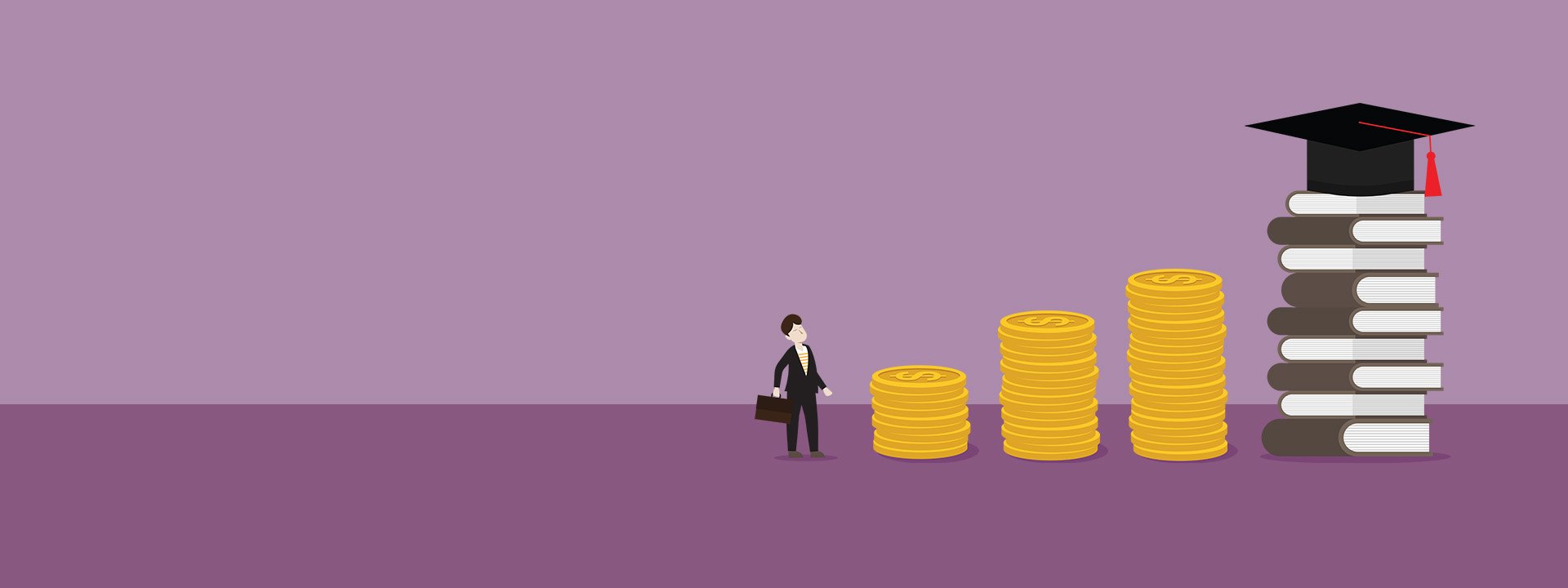 Person looking up at increasingly tall stacks of coins, followed by a stack of books with a graduation hat on top