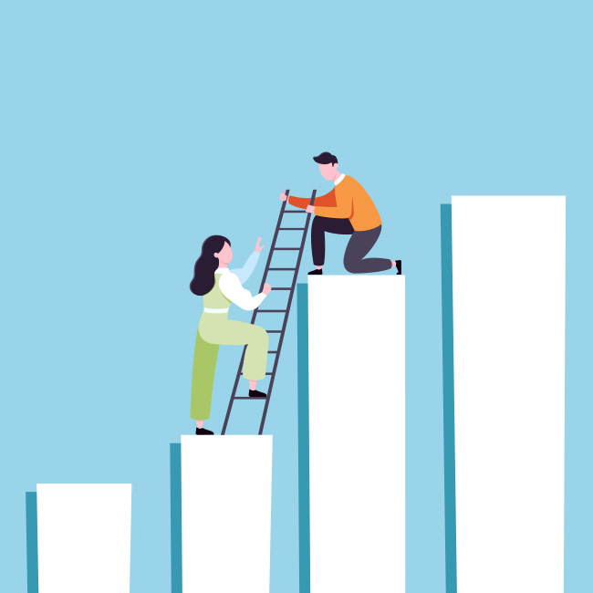 Person holding a ladder for someone else climbing up a bar graph