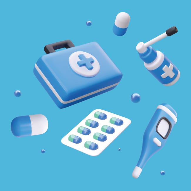 Illustration of various pills and medical equipment
