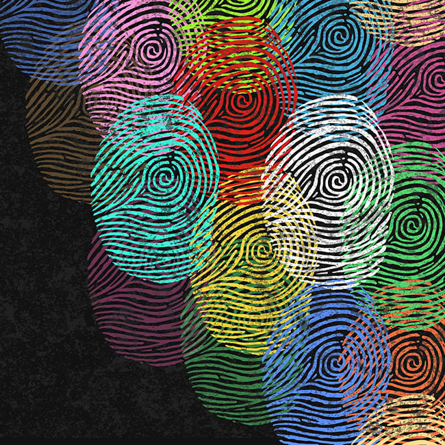 A group of multi-colored fingerprints