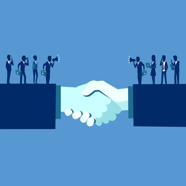 Illustration of a handshake, forming a bridge between groups of people on either side