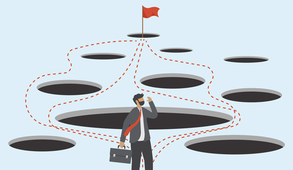 Illustration of man and different paths connecting him around holes to a flag