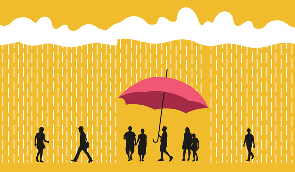 Illustration of a group of people protected from rain under a large umbrella