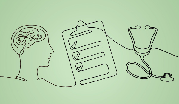 A drawing of a head/brain connected to a checklist connected to a stethoscope