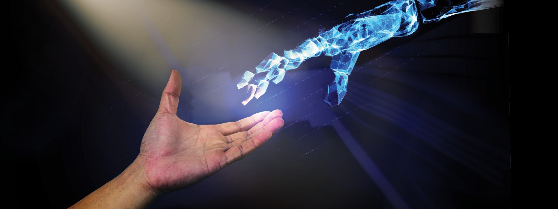 Human hand reaching out to a cyber hand